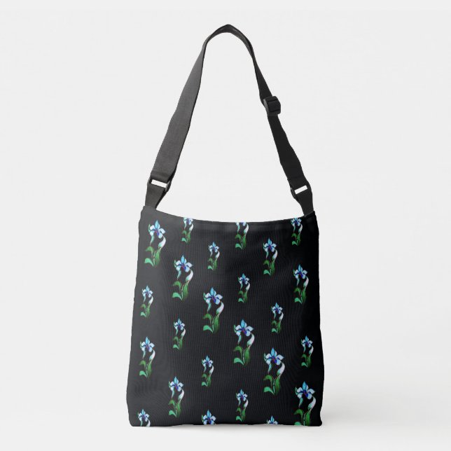 Bolso Cruzado Flores de neón verde azul sobre negro (Anverso)