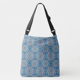 Bolso Cruzado Flores de nieve, diseño bohemio vintage azul y gri