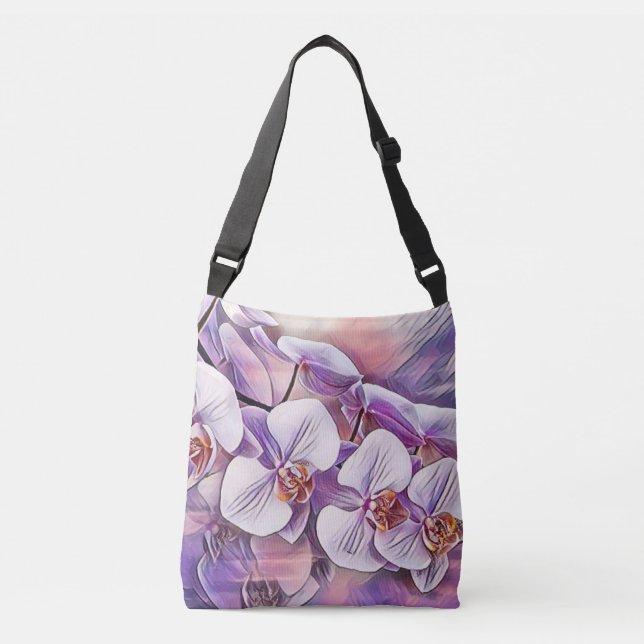Bolso Cruzado Flores de orquídea rosa morado lindo dibujando (Anverso)