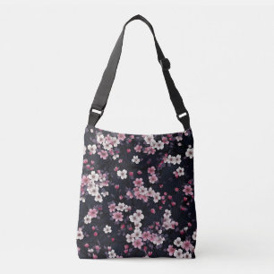 Bolso Cruzado Flores de Sakura rosada negra, diseño de patrones,