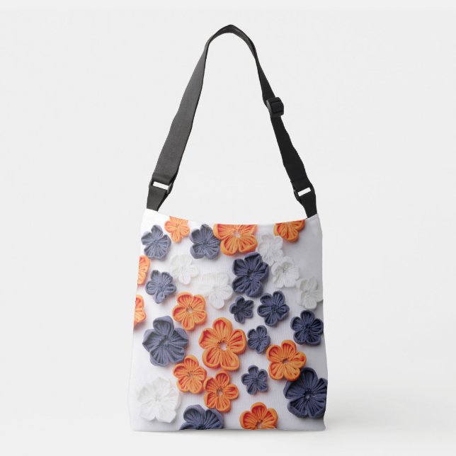 Bolso Cruzado Flores de tela cosida artesanal de primavera azul  (Anverso)