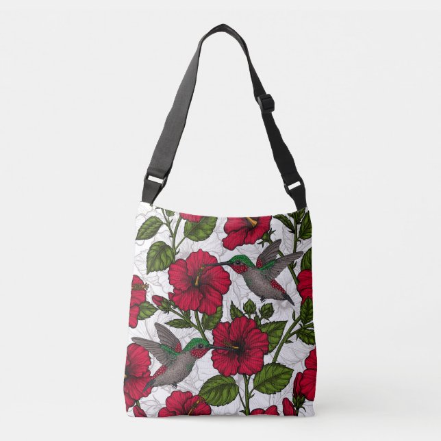 Bolso Cruzado Flores hibiscus y colibríes (Anverso)