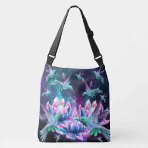 Bolso Cruzado Flores Lotus Y Aves Hummingbirds In Flight