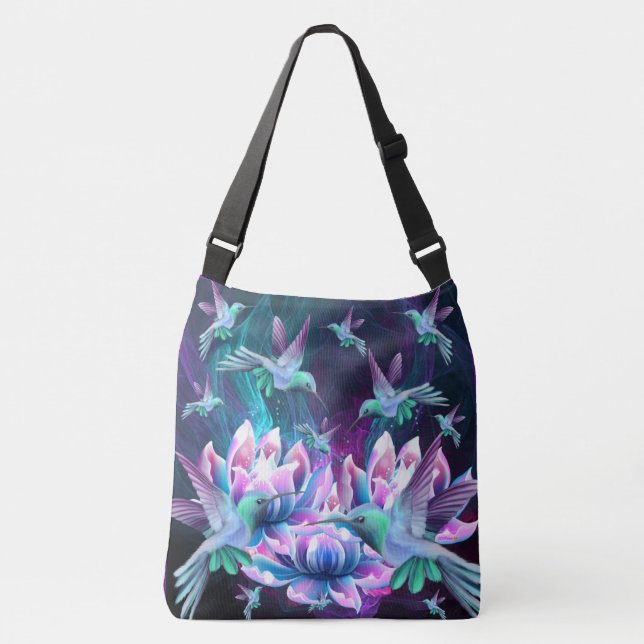 Bolso Cruzado Flores Lotus Y Aves Hummingbirds In Flight (Anverso)
