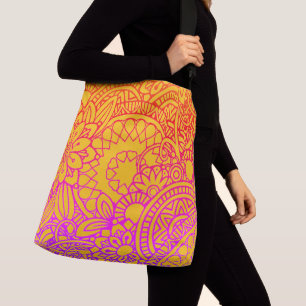 Bolso Cruzado Flores naranjas y púrpuras y fondo amarillo