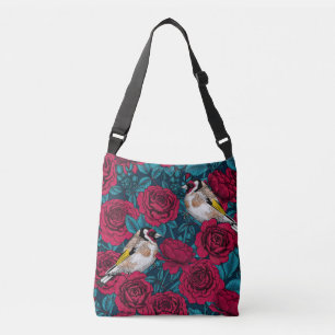Bolso Cruzado Flores rojas y pájaros dorados