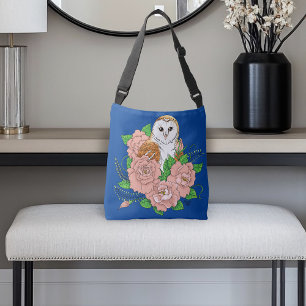 Bolso Cruzado Flores rosadas de búho barn azul