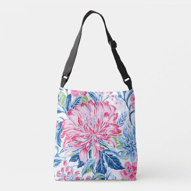 Bolso Cruzado Flores rosadas y azules de verano (Reverso)