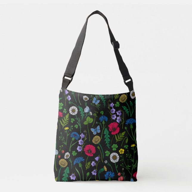 Bolso Cruzado Flores silvestres en negro (Anverso)