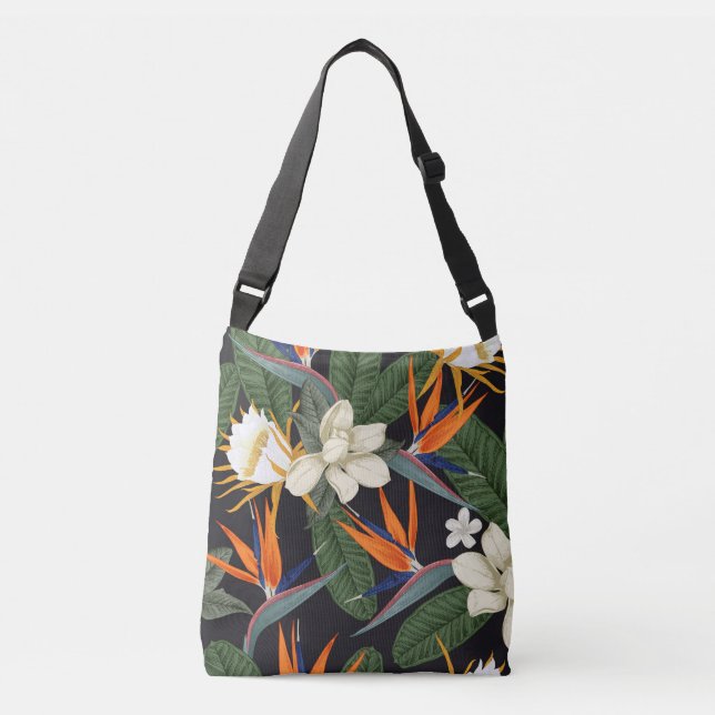 Bolso Cruzado Flores tropicales, fondo oscuro, sin costura flora (Anverso)