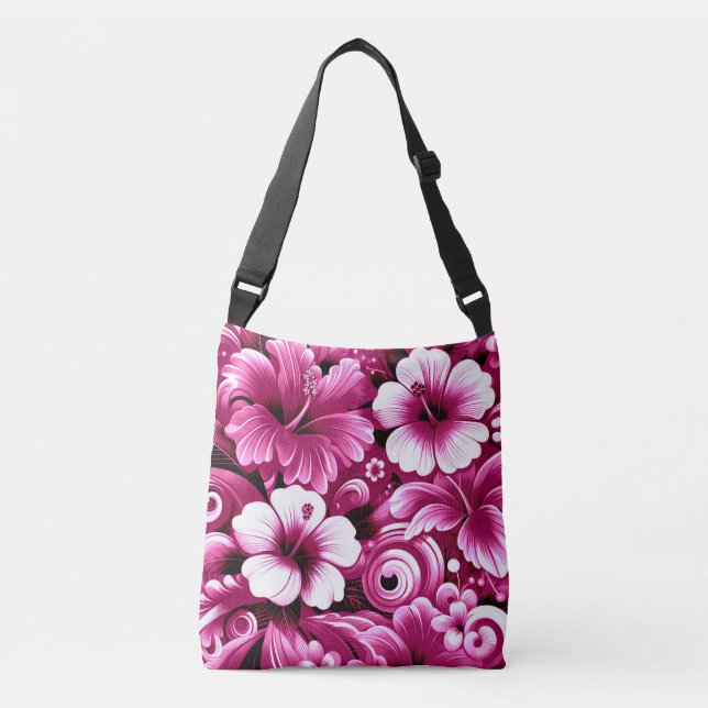 Bolso Cruzado Flores tropicales hawaianas Hibiscus Pink White (Anverso)