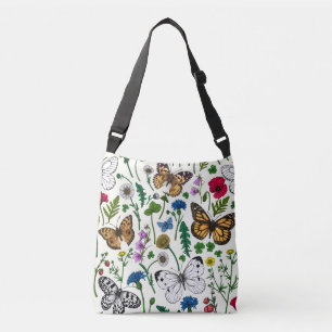 Bolso Cruzado Flores y mariposas silvestres en blanco