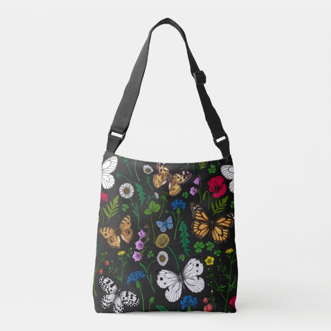 Bolso Cruzado Flores y mariposas silvestres en negro (Anverso)