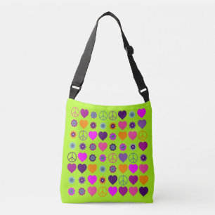 Bolso Cruzado Flower Power Hearts Peace Blooms Pattern