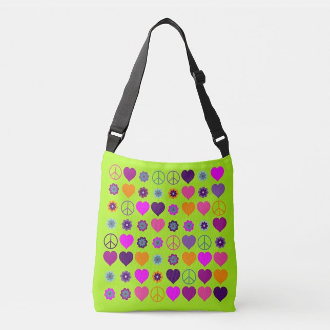 Bolso Cruzado Flower Power Hearts Peace Blooms Pattern (Anverso)