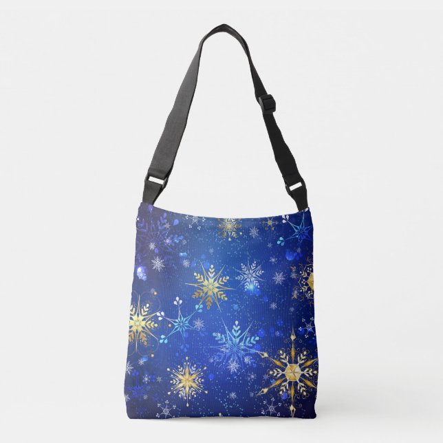 Bolso Cruzado Fondo azul XMAS con copos de nieve dorados (Anverso)
