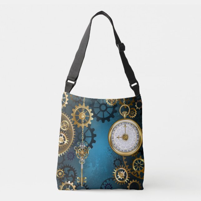 Bolso Cruzado Fondo turquesa de vapor con engranajes (Anverso)