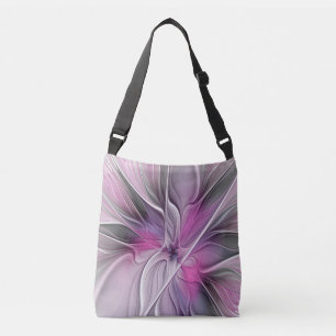 Bolso Cruzado Fractal Floral Moderno Abstracto Flor Rosa Gris