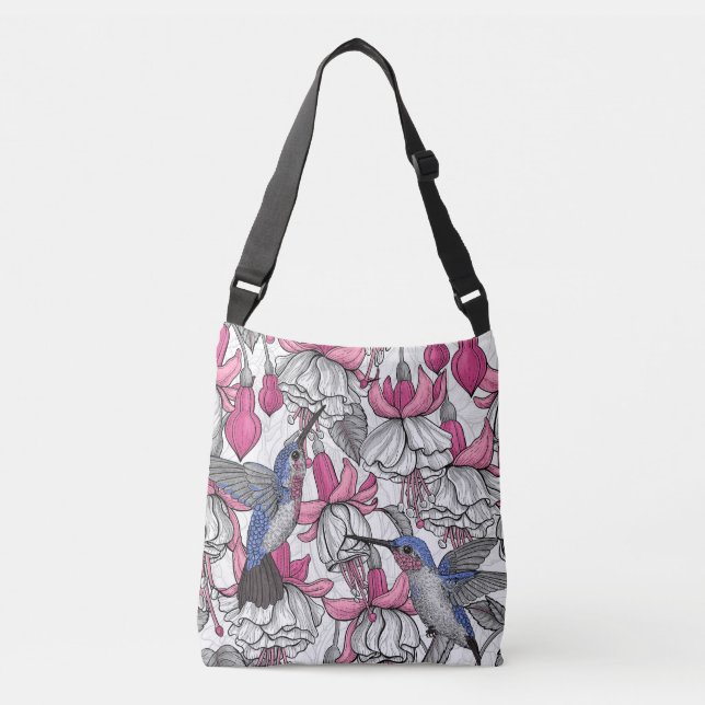 Bolso Cruzado Fuchsia blanca y colibríes (Anverso)