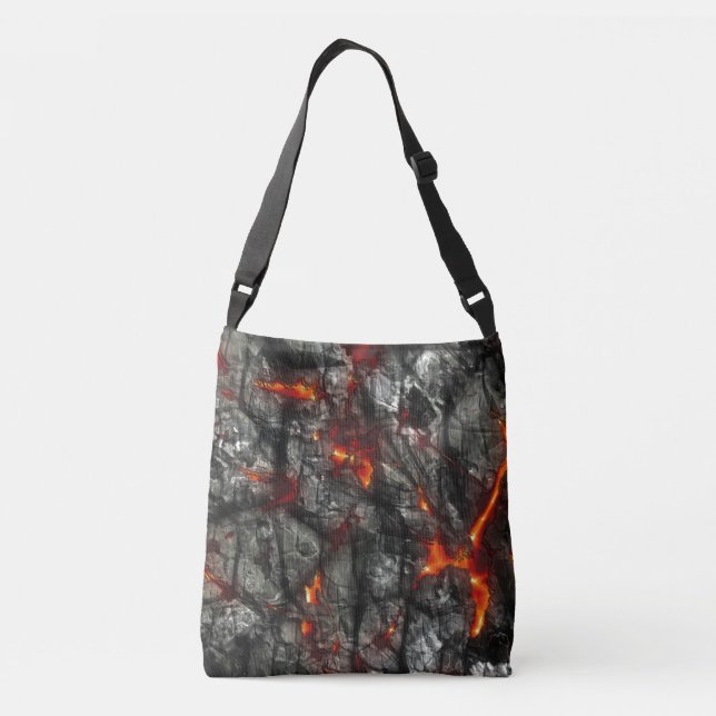 Bolso Cruzado Fuego rojo, piedra negra fantástica textura abstra (Reverso)