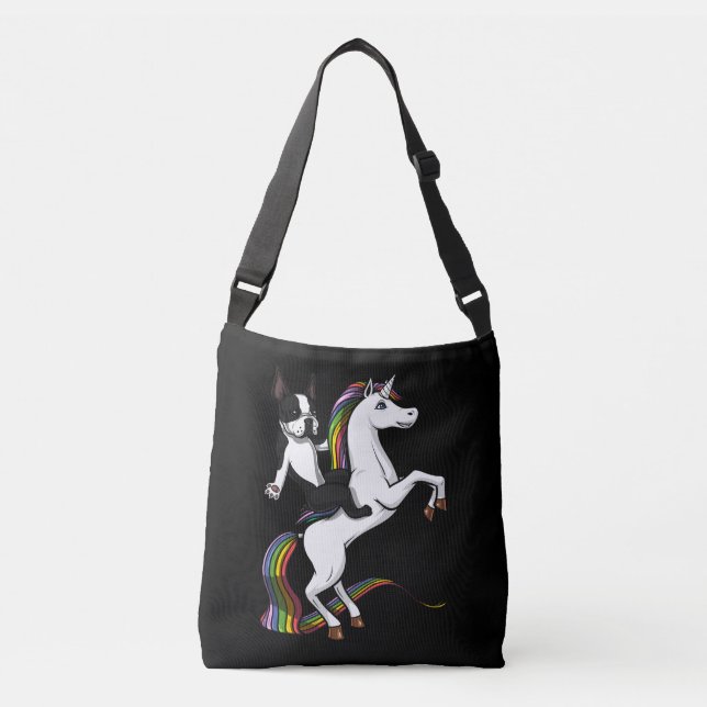 Bolso Cruzado Funny Perro Terrier de Boston montando Unicorn (Anverso)