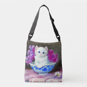 Bolso Cruzado Gatito blanco vintage con flores rosas