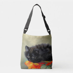 Bolso Cruzado Gatito negro vintage con manta de flores rojas