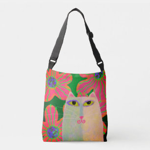 Bolso Cruzado Gato blanco con flores Resumen de arte