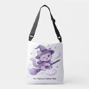 Bolso Cruzado Gato bruja púrpura lindo en escoba Halloween