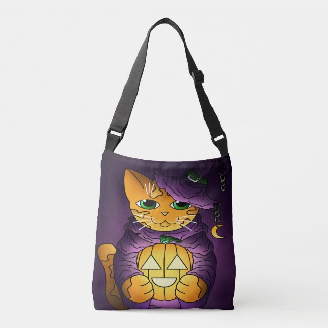 Bolso Cruzado Gato de bruja morado de Halloween (Anverso)