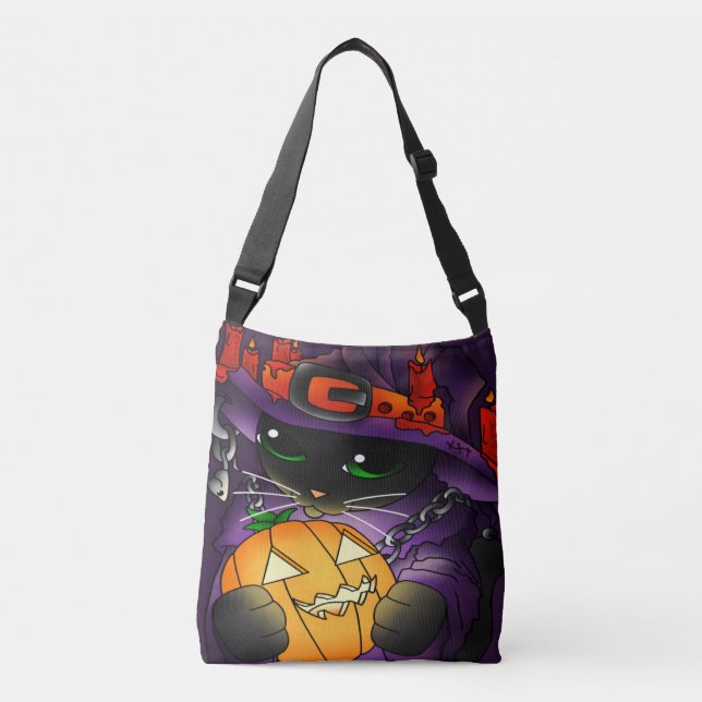 Bolso Cruzado Gato de bruja negra de la calabaza de Halloween (Anverso)