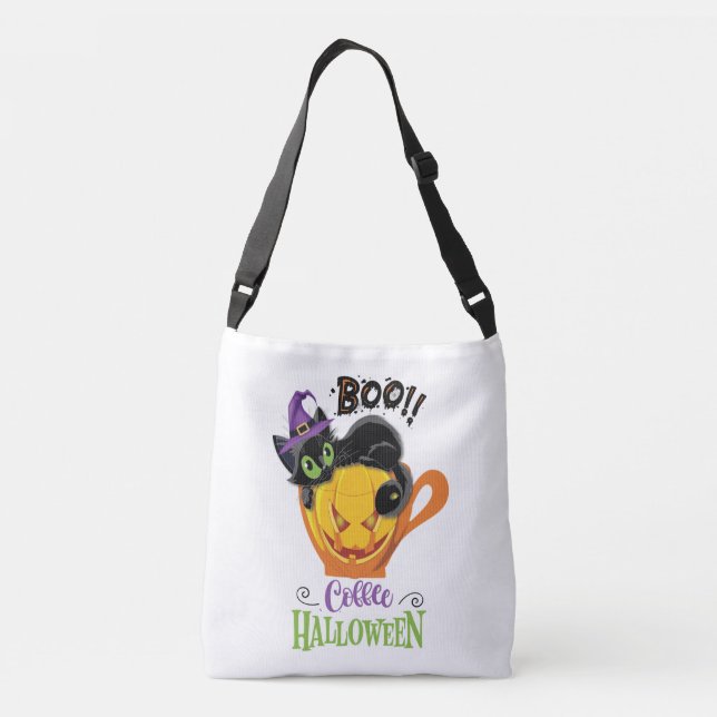 Bolso Cruzado Gato negro boo, calabaza temerosa café Halloween (Reverso)