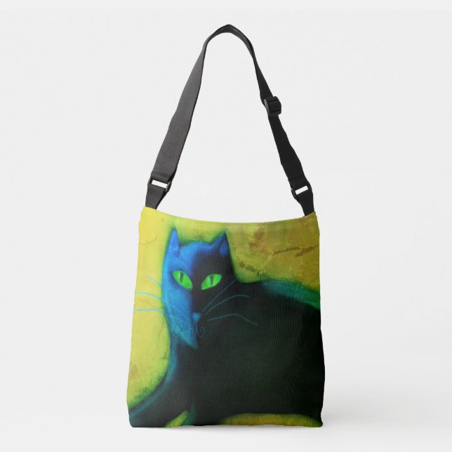 Bolso Cruzado Gato negro con ojos verdes arte abstracto (Anverso)