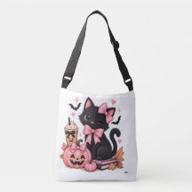 Gato negro coqueto de Halloween con lazos rosas