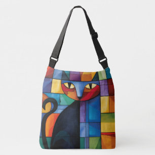 Bolso Cruzado Gato negro geométrico en vidrio emplomado en cuadr