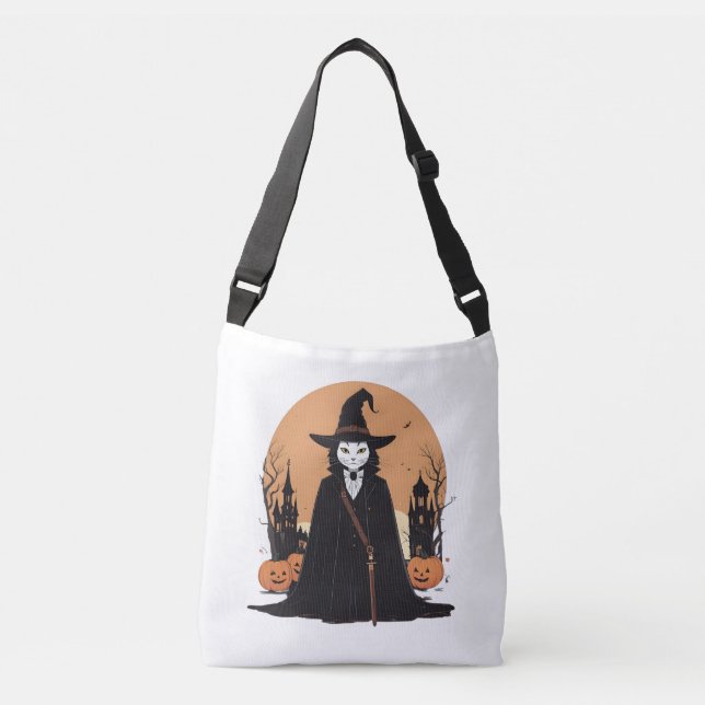 Bolso Cruzado Gato negro místico salem con calabazas (Anverso)