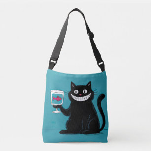 Bolso Cruzado Gato negro sonriente con pescado en un vaso