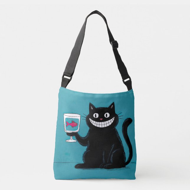 Bolso Cruzado Gato negro sonriente con pescado en un vaso (Anverso)
