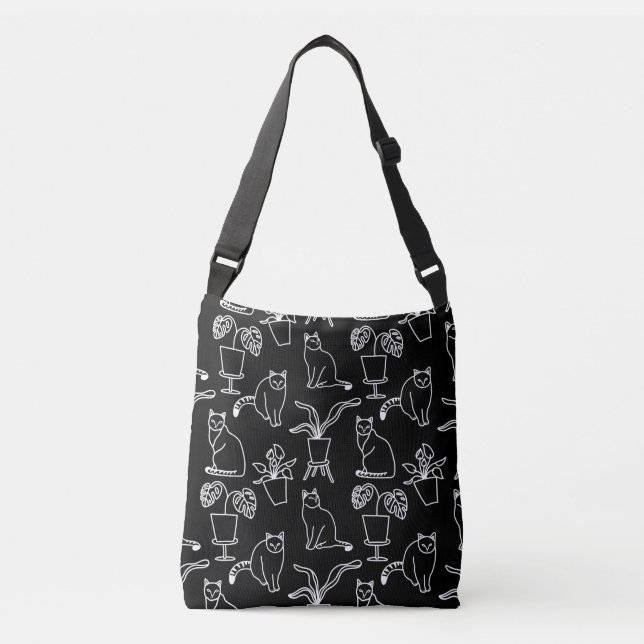 Bolso Cruzado Gatos blancos en negro (Anverso)