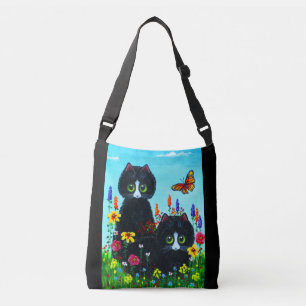 Bolso Cruzado Gatos de Tuxedo Negro y flores de colores