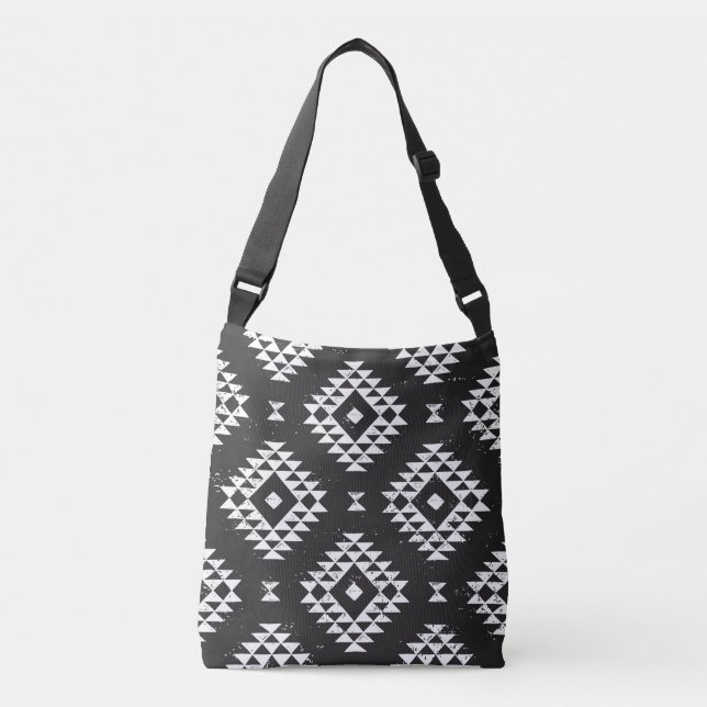 Bolso Cruzado Geométrica Navajo: Tribal Blanco Negro. (Anverso)