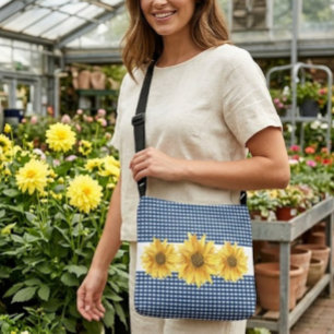 Bolso Cruzado Gingham Azul Marino con Girasoles