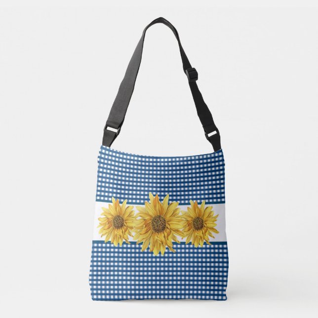 Bolso Cruzado Gingham Azul Marino con Girasoles (Anverso)