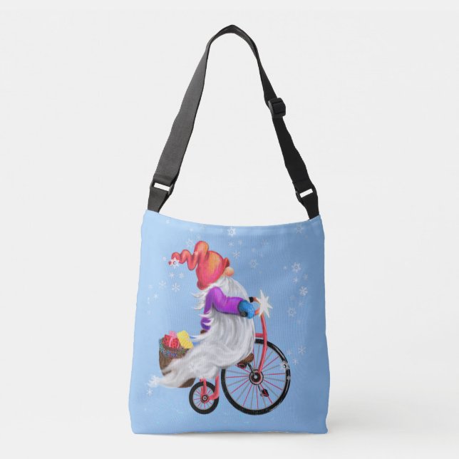 Bolso Cruzado Gnome divertido con bicicletas y regalos - Feliz N (Anverso)