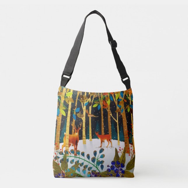 Bolso Cruzado Gold Cosy Winter Deer Forest Watercolor (Anverso)