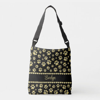 Bolso Cruzado Golden Paw Prints on Black with Custom Name
