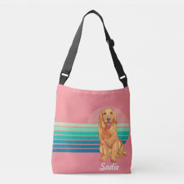 Bolso Cruzado Golden Retriever Custom Name Retro Stripe Pink