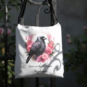Bolso Cruzado Gótico Cuervo Rosa Floral Dark Academia