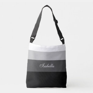 Bolso Cruzado Gradiente de rayas blancas negras grises y caligra