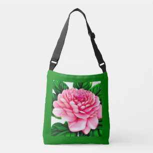 Bolso Cruzado Gran Peón Rosa con hojas verdes esmeraldas